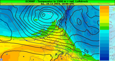 Abbildung 1: Prognose des europäischen ECMWF-Modells für Heiligabend. Temperatur in etwa 1500 m Höhe und reduzierter Luftdruck + Fronten. Die Prognose zeigt einen weit geöffneten Warmsektor über Deutschland, typisch für das Weihnachtstauwetter. (Quelle DW