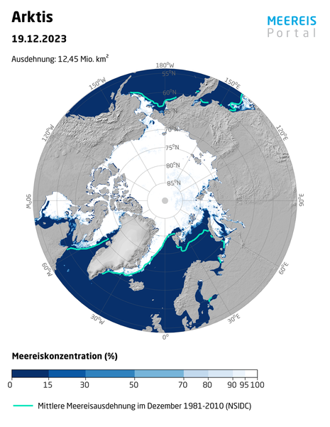 Meereiskonzentration in der Arktis mit Stand vom 19.12.2023 (Quelle www.meereisportal.de)