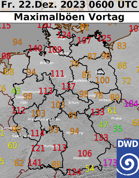 Deutschlandkarte zeigt Messungen der maximalen Böen der vergangenen 24 Stunden an ausgewählten Stationen des DWD-Messnetzes.