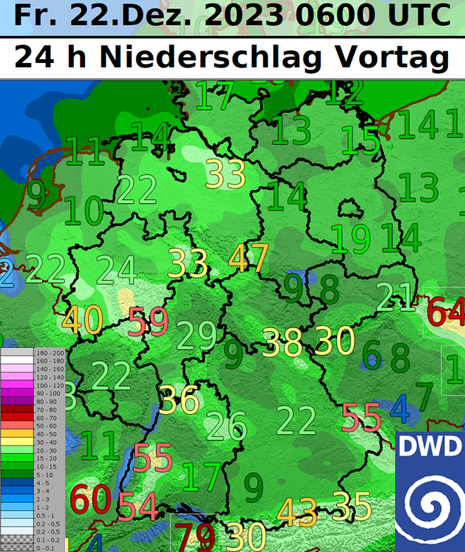 Deutschlandkarte zeigt Niederschlagsmengen der vergangenen 24 Stunden an ausgewählten Stationen des DWD-Messnetzes.