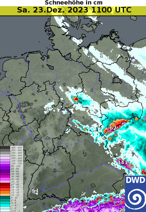 Deutschlandkarte zeigt die vorhergesagte Schneehöhe am Samstagmittag, den 23.12.23.
