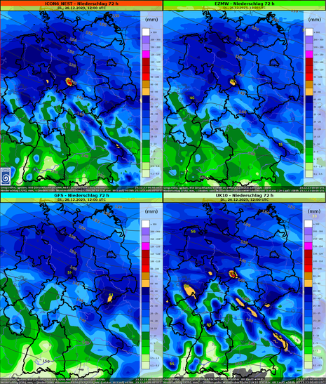 72-stündige Niederschlagsmengen für verschiedene Modelle von Samstag, den 23.12.2023, bis Dienstag, den 26.12.2023 (Quelle DWD)