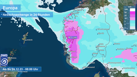 24-stündige Schneevorhersage im Südwesten Norwegens zeigt lokal bis zu 61 cm an Neuschnee. (Quelle DWD)