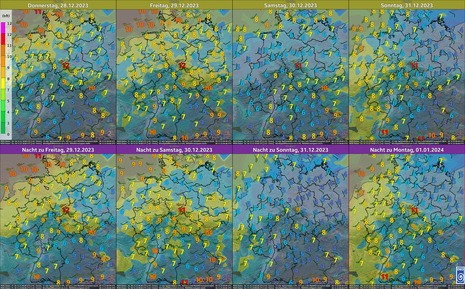 Windprognose (MOSMIX-Daten) für die maximalen Windböen in Beaufort Donnerstag, den 28.12.2023 bis zur Nacht zum Montag (Neujahr), den 01.01.2024 (Quelle DWD - Deutscher Wetterdienst)