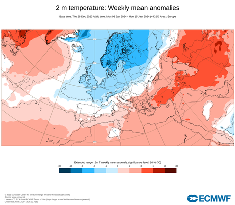 Abbildung 2: Erweiterte Mittelfristvorhersage: Abweichung von der normalen Durchschnittstemperatur für die 2. Januarwoche berechnet aus den europäischen IFS-Modellensembles. Eine Abkühlung in Nord- und Mitteleuropa gilt als wahrscheinlich. (Quelle Europäi