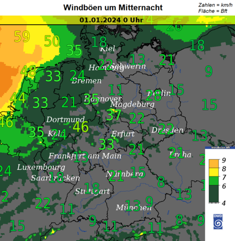 Deutschlandkarte mit Vorhersage der Windböen (Fläche in Beaufort, Zahlen in Kilometer pro Stunde) zum Jahreswechsel (Quelle DWD)