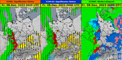 Am gestrigen Mittwoch von verschiedenen Modellen prognostiziertes signifikantes Wetter (grün: Regen, rot: gefrierender Regen, blau: Schnee, gelb: Nebel) für Freitag, den 08.12.2023 06 UTC