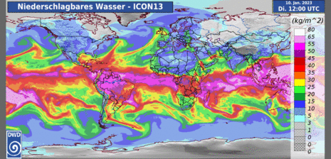 Niederschlagbares Wasser vom ICON13 Modell bis Sonntag, den 15.01.23