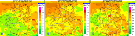 Vorhersage Spitzenböen, 12 stündig, aus dem DWD-MOS: links: bis Mittwoch 6 UTC/7 MEZ, mittig bis Mittwoch 18 UTC/19 MEZ, rechts bis Donnerstag 6 UTC/7 MEZ (Quelle DWD)