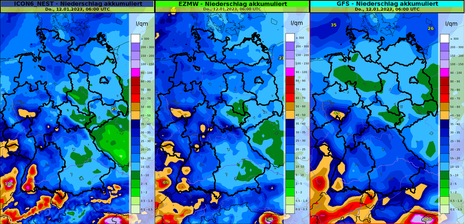 Akkumulierte Niederschlagsmenge auf Basis verschiedener Modelle (ICON6 - Nest, EZMW und GFS) von Sa bis Do (7.1. bis 12.1.)