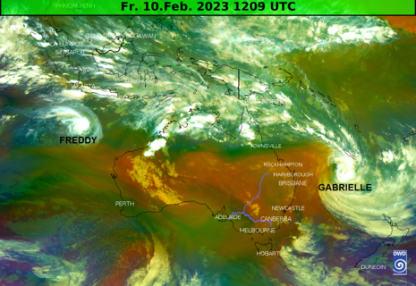 Satellitenbild Ozeanien mit FREDDY und GABRIELLE vom 10.02.2023, 12 UTC (Quelle DWD)