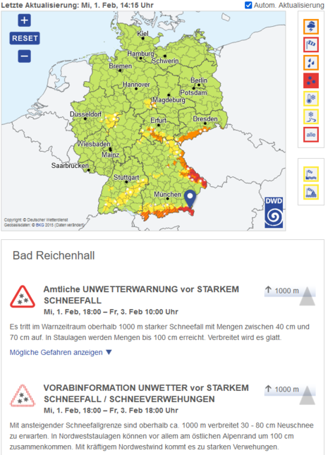 Deutschlandkarte mit DWD-Warnungen vor Schneefall und Schneeverwehungen sowie der Ansicht einer Unwetterwarnung für Bad Reichenhall ab Mittwoch, 18:00 Uhr. (Quelle DWD)