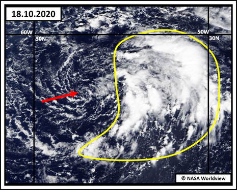 Der rote Pfeil zeigt auf das Zentrum, gelb umrandet ist der Bereich mit hochreichender und beständiger Konvektion. Das Bild ist vom 18.10.2020. (Quelle NASA Worldview)