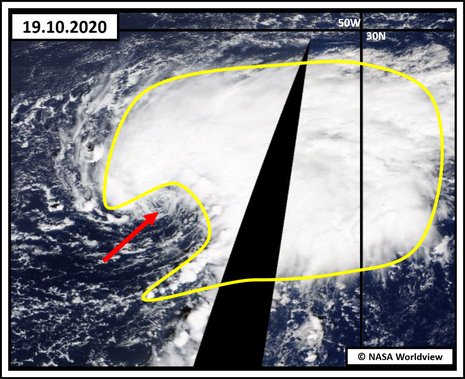Der rote Pfeil zeigt auf das Zentrum, gelb umrandet ist der Bereich mit hochreichender und beständiger Konvektion. Das Bild ist vom 19.10.2020. (Quelle NASA Worldview)
