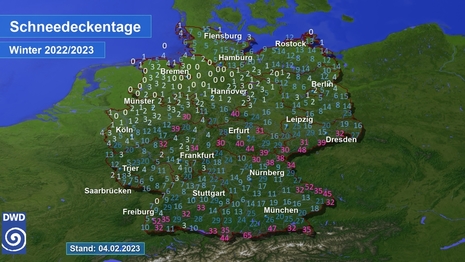 Anzahl der Tage mit einer geschlossenen Schnee zum täglichen Messtermin um 6 UTC (7 Uhr MEZ) in Deutschland im Winter 2022/2023