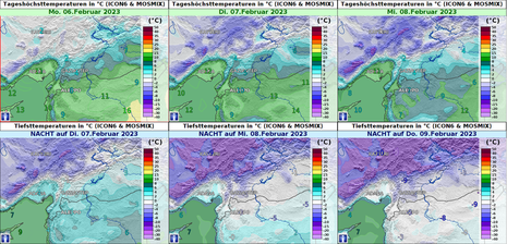 Tageshöchsttemperaturen und nächtliche Tiefsttemperaturen bis inklusive der Nacht zum Do, den 09.02.2023