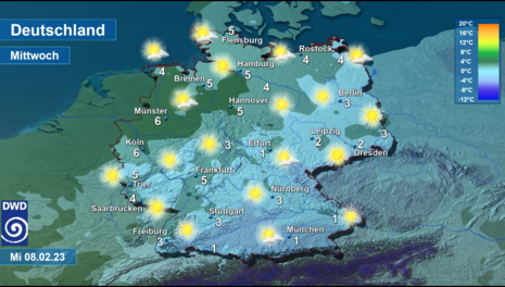 Deutschlandkarte mit dem Wetter und der Höchsttemperatur für Mittwoch, 08.02.2023 (Quelle Deutscher Wetterdienst)