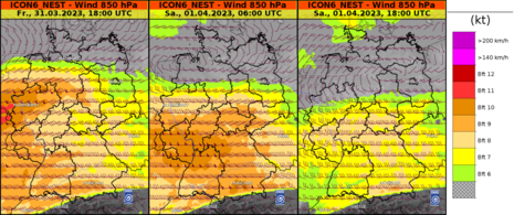 Deutschlandkarte mit Vorhersage der Windgeschwindigkeit in 850 hPa (ca. 1400 m ü.M.) aus dem ICON6-Modell mit Windrichtungspfeilen für links: Freitag 18 UTC, mittig: Samstag 06 UTC, rechts: Samstag 18 UTC (Quelle DWD)
