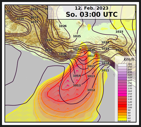 Windgeschwindigkeit in 950 hPa (Windfieder und Flächendarstellung) sowie der Bodendruck (schwarze Linien). (Quelle DWD)