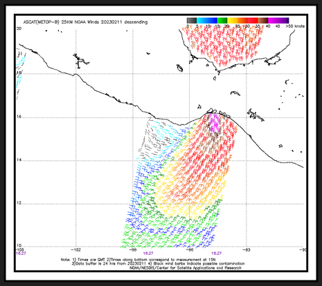 ASCAT Winddaten von NOAA/NESDIS/STAR OSWT für dieses Windereignis vom 11. Februar 2023. (Quelle NOAA/NESDIS/STAR OSWT)