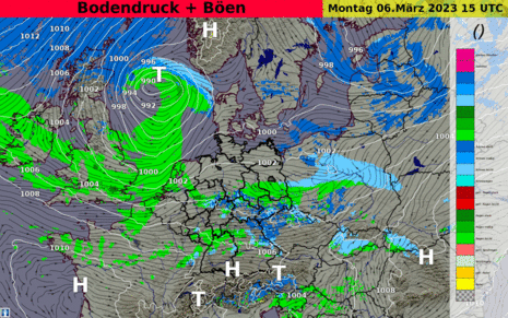 Die Grafik zeigt eine Animation des Wetterzustandes und des Bodendrucks bis zum Ende der Woche basierend auf dem ICON-Model (Lauf: 06.03.2023, 00 UTC).