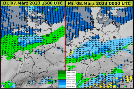 Die Grafik zeigt den Wetterzustand für zwei Termine am Dienstag (07.04.2023, 15 UTC) und der Nacht auf Mittwoch (08.04.2023, 00 UTC). Basis ICON-Modell, Lauf: 06.03.2023, 06 UTC.