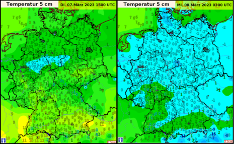 Die Grafik zeigt die Temperatur in Bodennähe (5 cm) für zwei Termine am Dienstag (07.04.2023, 15 UTC) und der Nacht auf Mittwoch (08.04.2023, 03 UTC). Basis ICON-Modell, Lauf: 06.03.2023, 06 UTC.