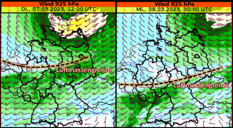 Die Grafik zeigt Richtung und Geschwindigkeit des Windes in etwa 600 m Höhe (925 hPa) für zwei Termine am Dienstag (07.04.2023, 12 UTC) und der Nacht auf Mittwoch (08.04.2023, 00 UTC). Basis ICON-Modell, Lauf: 06.03.2023, 06 UTC.