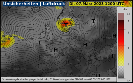 Die Grafik zeigt Die Unsicherheiten in der Vorhersage des Luftdrucks, basierend auf dem Ensemble (52 Lösungen) des ECMW Modells vom 06.03.2023, 00UTC. Je mehr die Farben in Richtung gelb und rot gehen, desto größer ist die Schwankungsbreite.