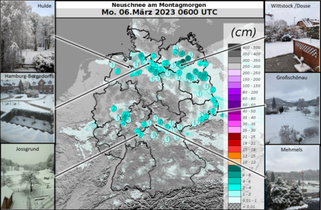 Die Grafik zeigt die Neuschneesummen am Montagmorgen (06.03.2023) zusammen mit ein paar Bildern von Nutzern der Warnwetter App.