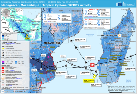 Übersicht der Zugbahn und Auswirkungen des Zyklons FREDDY über Madagaskar, Mosambik und Zimbabwe. (Quelle https://reliefweb.int/map/madagascar/madagascar-mozambique-tropical-cyclone-freddy-update-dg-echo-daily-map-06032023)