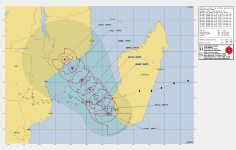 in der Graphik wird die prognostizierte Zugbahn und Entwicklung des tropischen Zyklonen FREDDY über die Straße von Mosambik hinweg gezeigt. (Quelle https://www.metoc.navy.mil/jtwc/products/sh1123.gif)