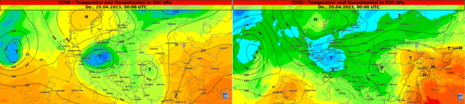 Temperatur und Geopotential in 500 hPa (links) und 850 hPa (rechts) aus dem ICON Modell (Quelle DWD)