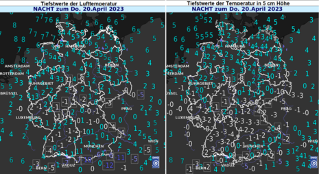 Vorhersage Minimumtemperatur in der Luft und am Boden für die Nacht zum Donnerstag, 20.04.2023 (Quelle DWD)