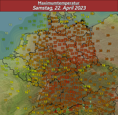 Die Prognose der Höchsttemperatur zeigt für Samstag, 22.4.2023, verbreitet Temperaturen über 20 Grad Celsius.