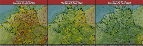 Die Prognose der Höchsttemperaturen für Sonntag (23.4.2023) bis Dienstag (25.4.2023) zeigt deutlich abnehmende Temperaturen.
