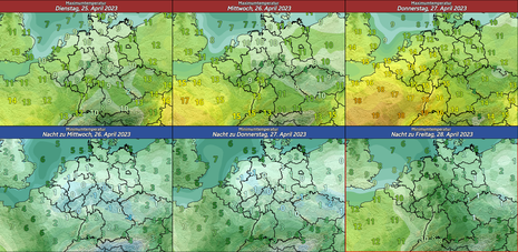 Verlauf der Höchst- und Tiefstwerte in Grad Celsius von Dienstag, den 25.04.2023 bis in die Nacht zum Freitag, den 28.04.2023