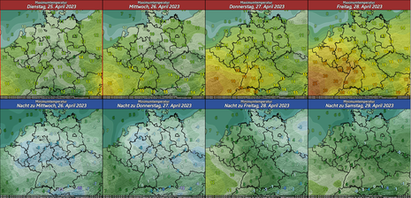 Verlauf der Höchst- und Tiefstwerte in Grad Celsius von Dienstag, den 25.04.2023 bis in die Nacht zum Samstag, den 29.04.2023