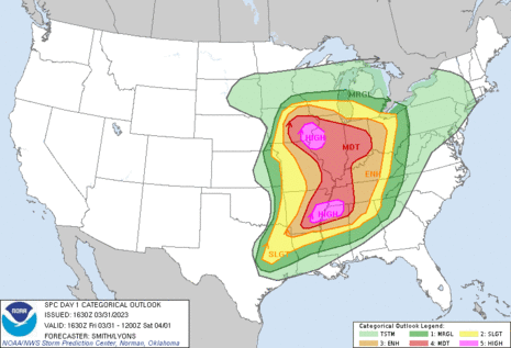 Gefährdungsbereiche für Unwetter zwischen dem 31.03. und 01.04.2023. (Quelle Storm Prediction Center)