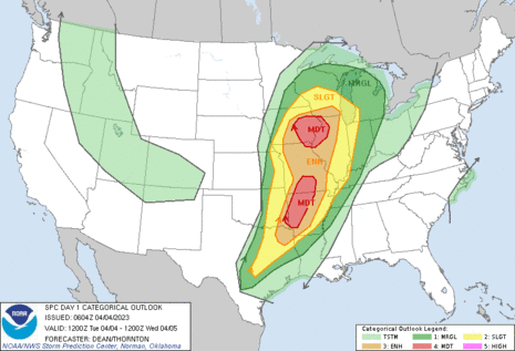 Gefährdungsbereiche für Unwetter zwischen dem 04.04. und 05.04.2023. (Quelle Storm Prediction Center)
