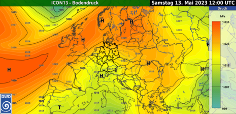 Bodendruck über Europa aus dem ICON13 Modell für Samstag 13.05.2023, 12 UTC (Quelle Deutscher Wetterdienst (DWD))