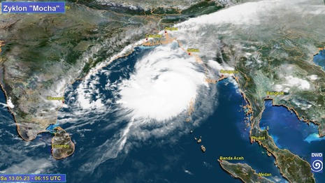 Satellitenbild der tropischen Zyklone MOCHA im Golf von Bengalen aufgenommen am 13. Mai 2023 um 06.15 UTC (Quelle DWD)