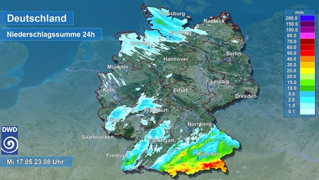 24-stündiger Niederschlag in Liter pro Quadratmeter von Dienstag, den 16.05.2023, 8 Uhr MESZ bis Mittwoch, den 17.05.2023, 8 Uhr MESZ