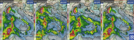 Gesamtniederschlagsmenge in mm bis zur Nacht auf Montag, 22. Mai 2023 für verschiedene Wettermodelle.