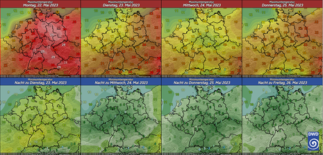 Darstellung der Temperaturhöchst- und Tiefstwerte vom 22.05.2023 bis 25.05.2023 (Quelle DWD - Deutscher Wetterdienst)
