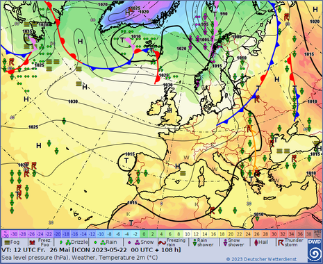 Bodenvorhersagekarte für Freitag, 26.05.2023, Modellbasis ICON vom 22.05.2023, 00 UTC (Quelle DWD - Deutscher Wetterdienst)