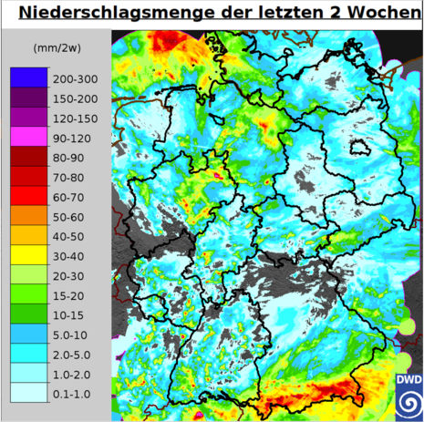zweiwöchige Niederschlagsmenge in Millimeter vom Mittwoch, 17.05.2023 bis Mittwoch, 31.05.2023, 07 Uhr MESZ (Quelle Deutscher Wetterdienst (DWD))