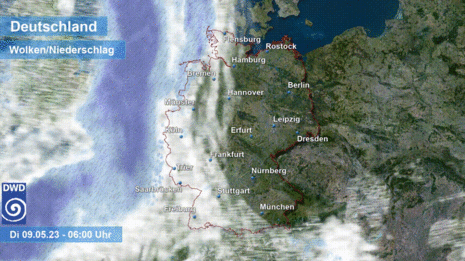Niederschlagsvorschaufilm zeigt im Westen Deutschlands aufziehende Niederschläge, die sich bis Mittwochmorgen (10.05.23) langsam ostwärts ausbreiten. (Quelle DWD - Deutscher Wetterdienst)