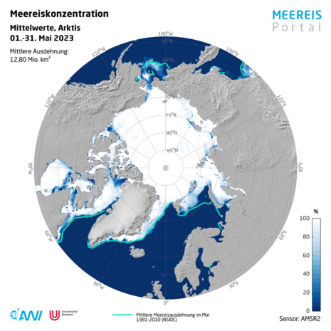 Mittlere arktische Meereisausdehnung und -konzentration im Mai 2023 (Quelle https://www.meereisportal.de/)