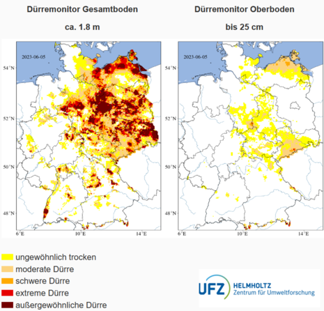 Dürremonitor des Helmholtz-Zentrum für Umweltforschung. Einschätzung der Trockenheitssituation im Oberboden bis 25 Zentimeter und bis 1,8 Meter Tiefe
